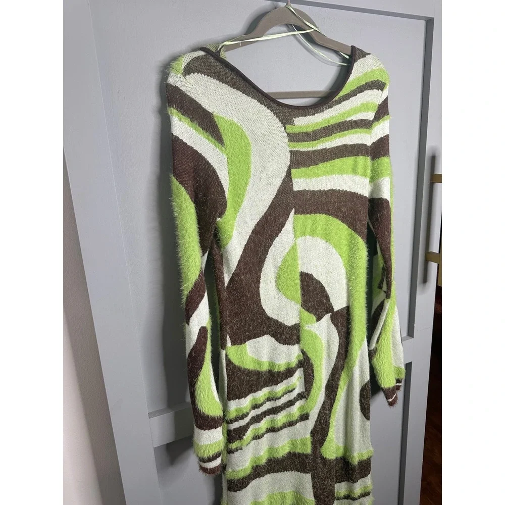 House of Sunny NWTSwirl Fuzzy Knit Midi Dress Green Brown Cut Out Back SIZE 10